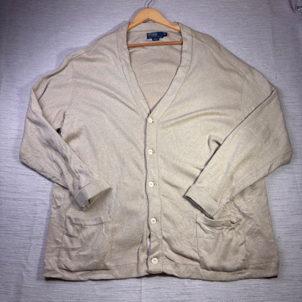 Polo Ralph Lauren Men 3XB Cardigan Sweater Beige Cotton Alpaca V-Neck Button Up